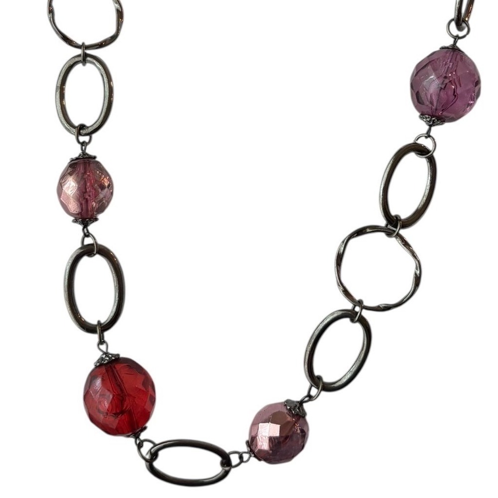 Gunmetal Beaded Statement Necklace Red Purple Faceted Glass Boho Jewel‎ Tone